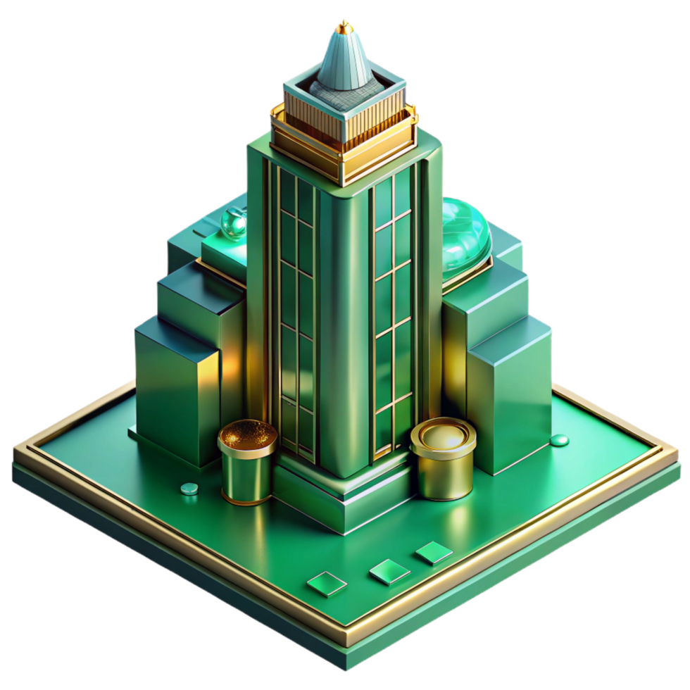 harmonious enchanting Art Deco skyscraper, emerald green and gold accents, volumetric lighting, highly polished surfaces, raining, reflections in puddles, isometric view top tier png