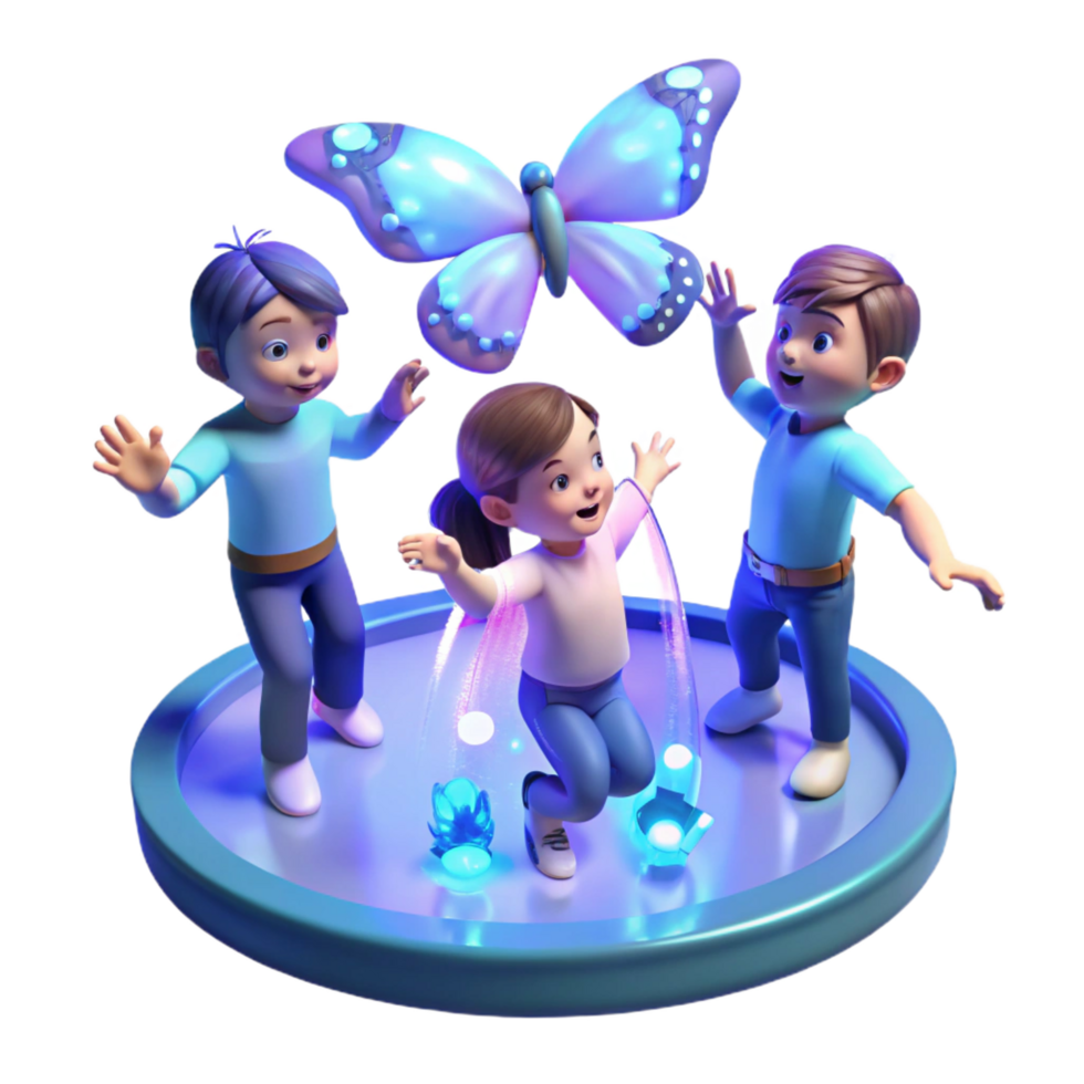pristine rare A group of children, playing with holographic butterflies in a zero gravity park, illuminated by the soft, blue light of the artificial sky. Dreamlike style, soft lighting png