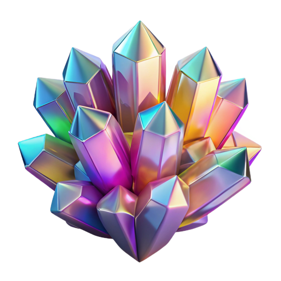 captivating rare A cluster of crystalline structures, refracting light in a spectrum of colors, with a sharp, geometric aesthetic png