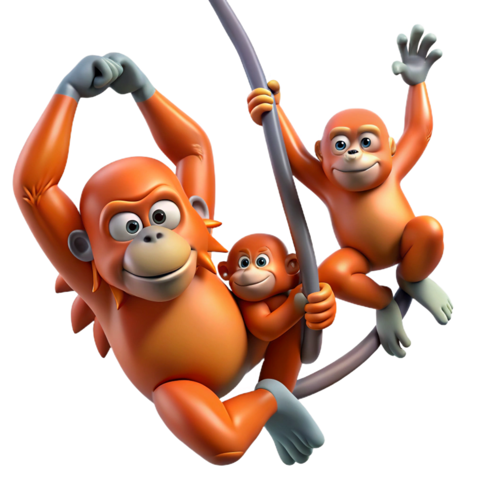 gorgeous celebrated A family of orangutans swinging through the trees, jungle setting, dynamic and energetic png