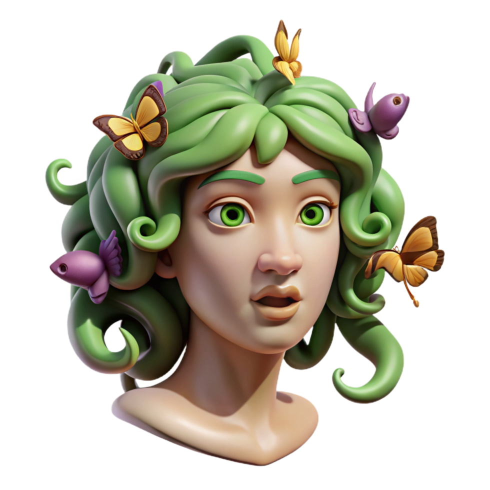 nostalgic breathtaking A stoic Medusa, her serpentine hair writhing, with butterflies emerging from her eyes instead of snakes, against a backdrop of crumbling ruins. Art Deco style 4K png