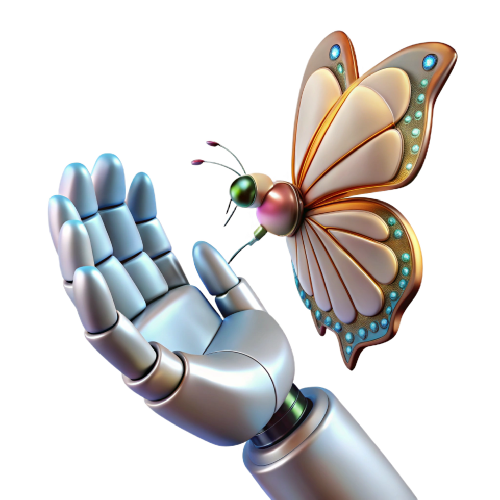 quintessential surreal A robotic hand reaching out to touch a butterfly, intricate gears and wires visible beneath its metallic skin, lit by soft, natural light authentic png