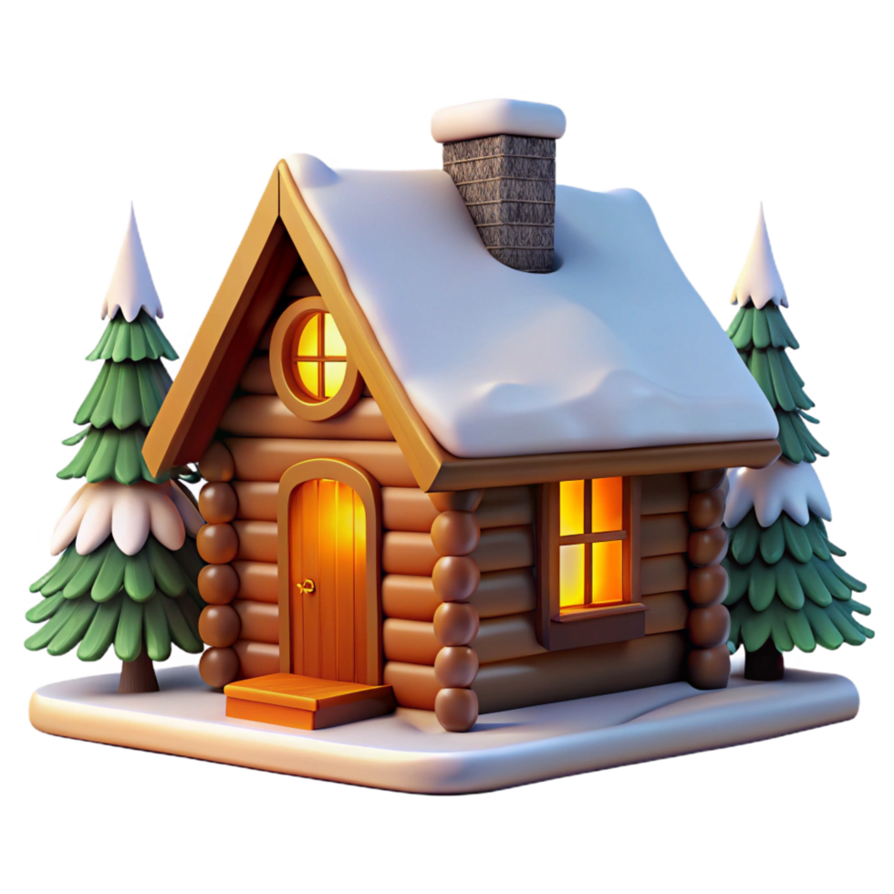 standout surreal A cozy log cabin in a snowy forest, warm interior lighting visible through the windows, rustic style sharp png