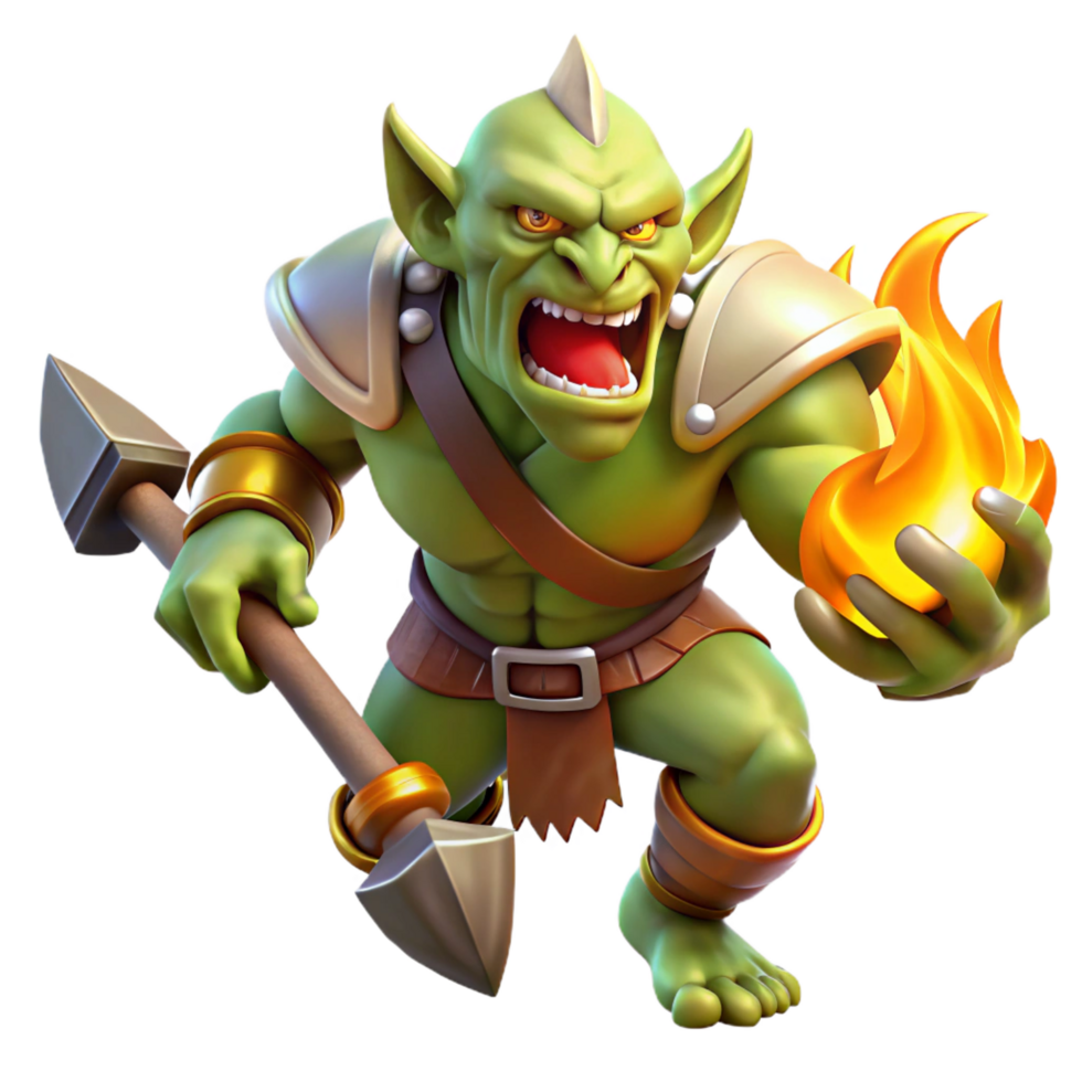 sought after abstract A fierce orc warrior charging into battle, wielding a flaming axe, dynamic lighting, comic book style handcrafted png