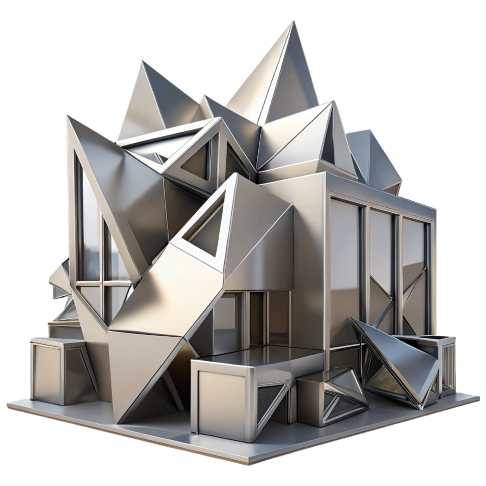 serene coastal A decontructivist building with fragmented shapes, sharp angles, metallic surfaces, dramatic shadows original png