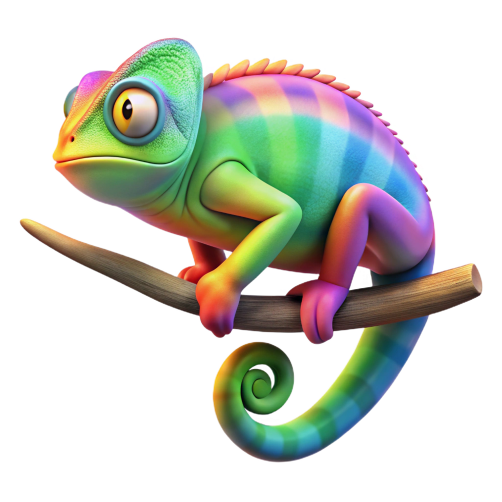 signature coastal A chameleon perched on a branch, its skin displaying vibrant rainbow hues, macro photography, vibrant colors authentic png