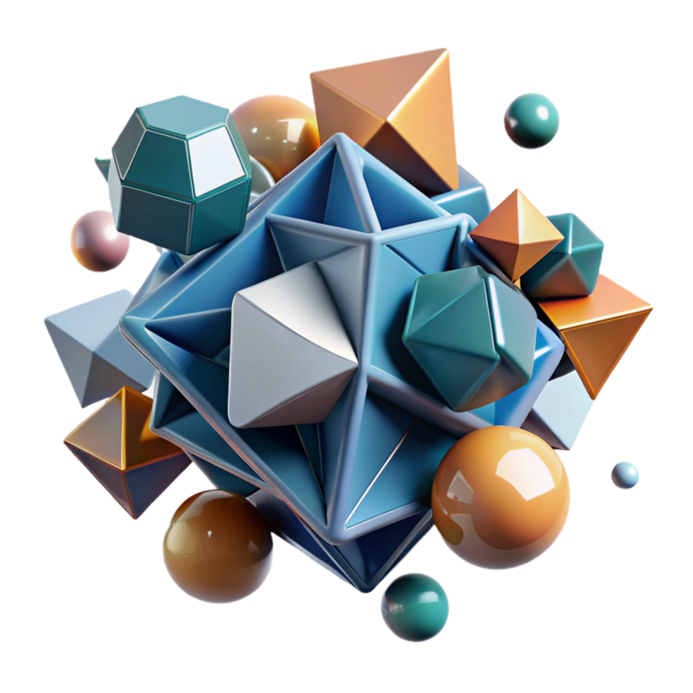 ethereal dazzling A cluster of geometric shapes, floating and rotating in space, with dramatic backlighting, in a constructivist style crisp png