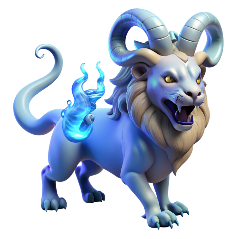 gorgeous notable A chimera, with lion, goat, and snake heads, breathing ethereal blue fire, dark fantasy style, dimly lit png