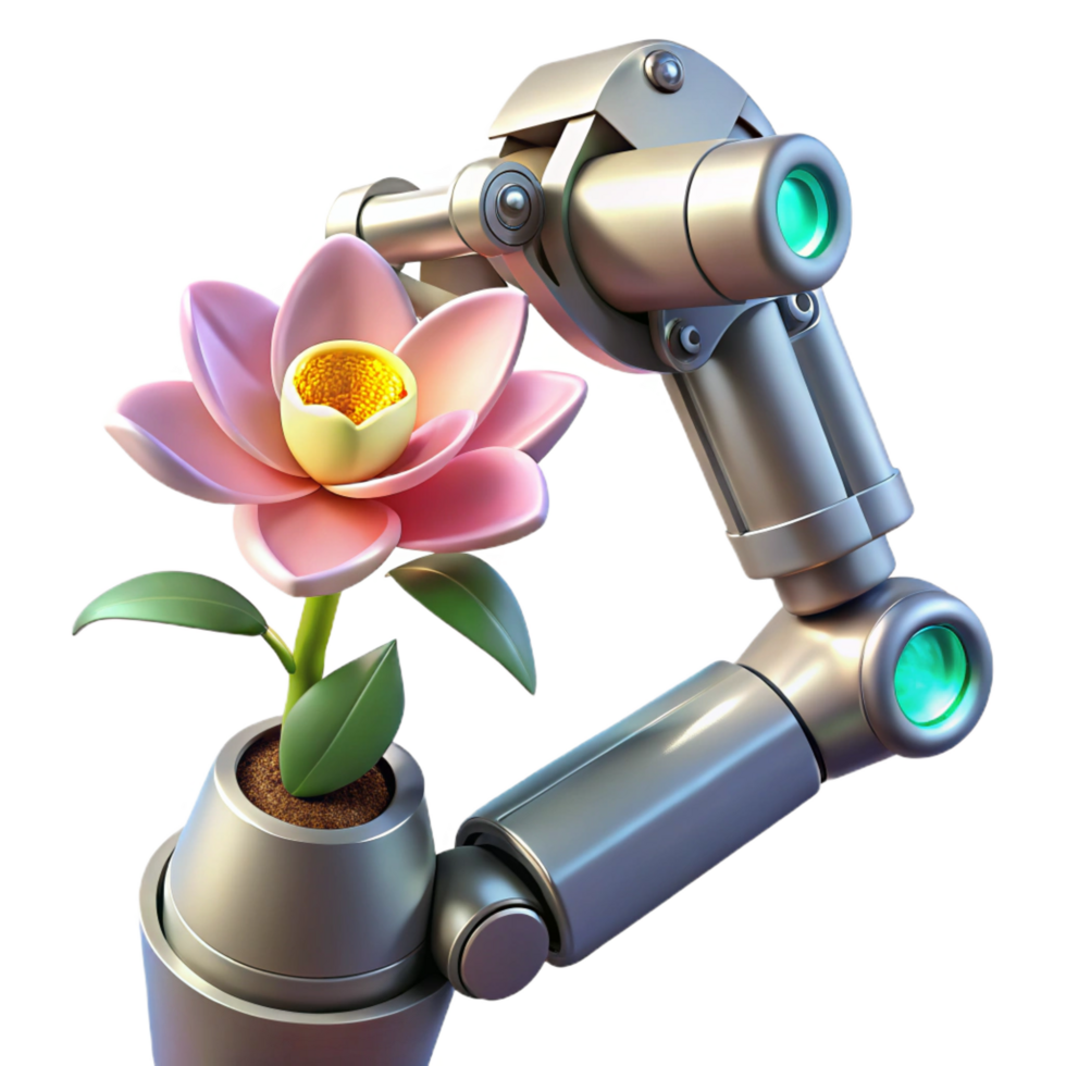 magnificent memorable A robotic arm holding a delicate flower, contrasting metal and nature, soft and diffused lighting, surrealism style png