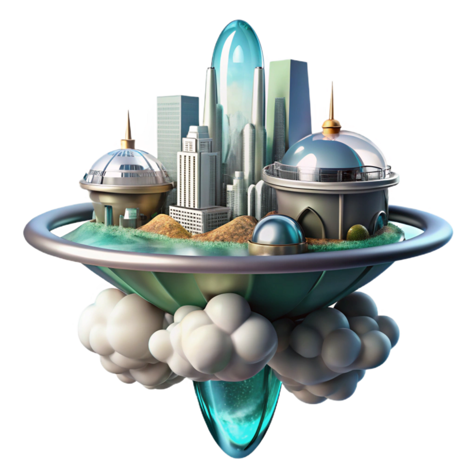 picturesque elegant A floating city above a gas giant, metallic and glass structures, swirling clouds, science fiction atmosphere, futuristic style, sharp png
