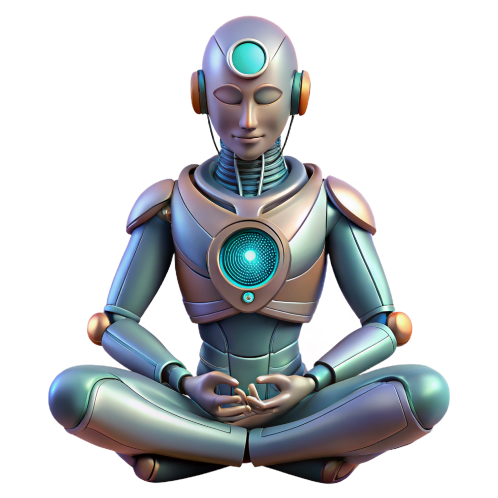 beautiful acclaimed A cyborg with intricate mechanical augmentations, meditating in a serene, zen garden. Soft lighting, biopunk style png