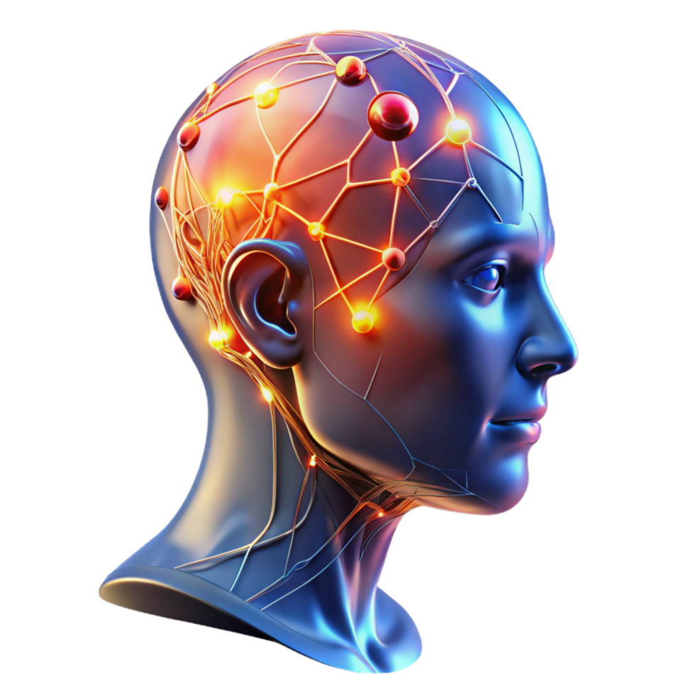 hypnotic memorable A transparent human head with visible neural networks firing, vibrant colors, dark lighting, scientific style png