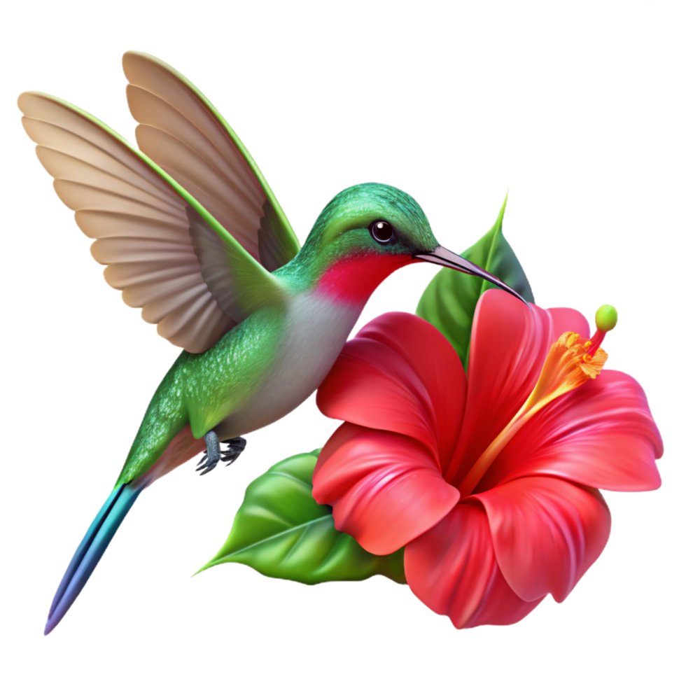 striking peaceful abstract A vibrant hummingbird hovering near a bright red hibiscus flower, with dew drops glistening on its wings, rendered in a photorealistic style with soft natural light refined png