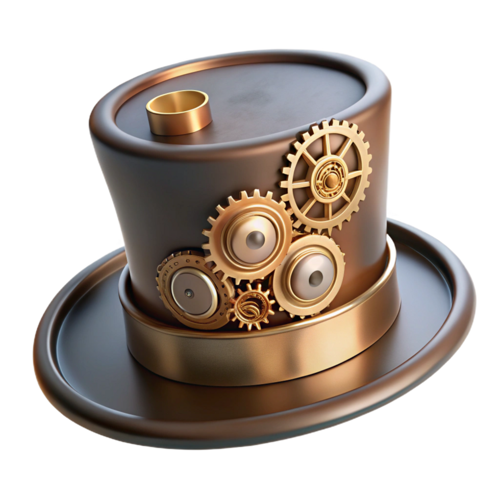 iconic geometric A steampunk top hat, intricate gears and cogs adorning the brim, soft, ambient lighting, Victorian fashion style premium png