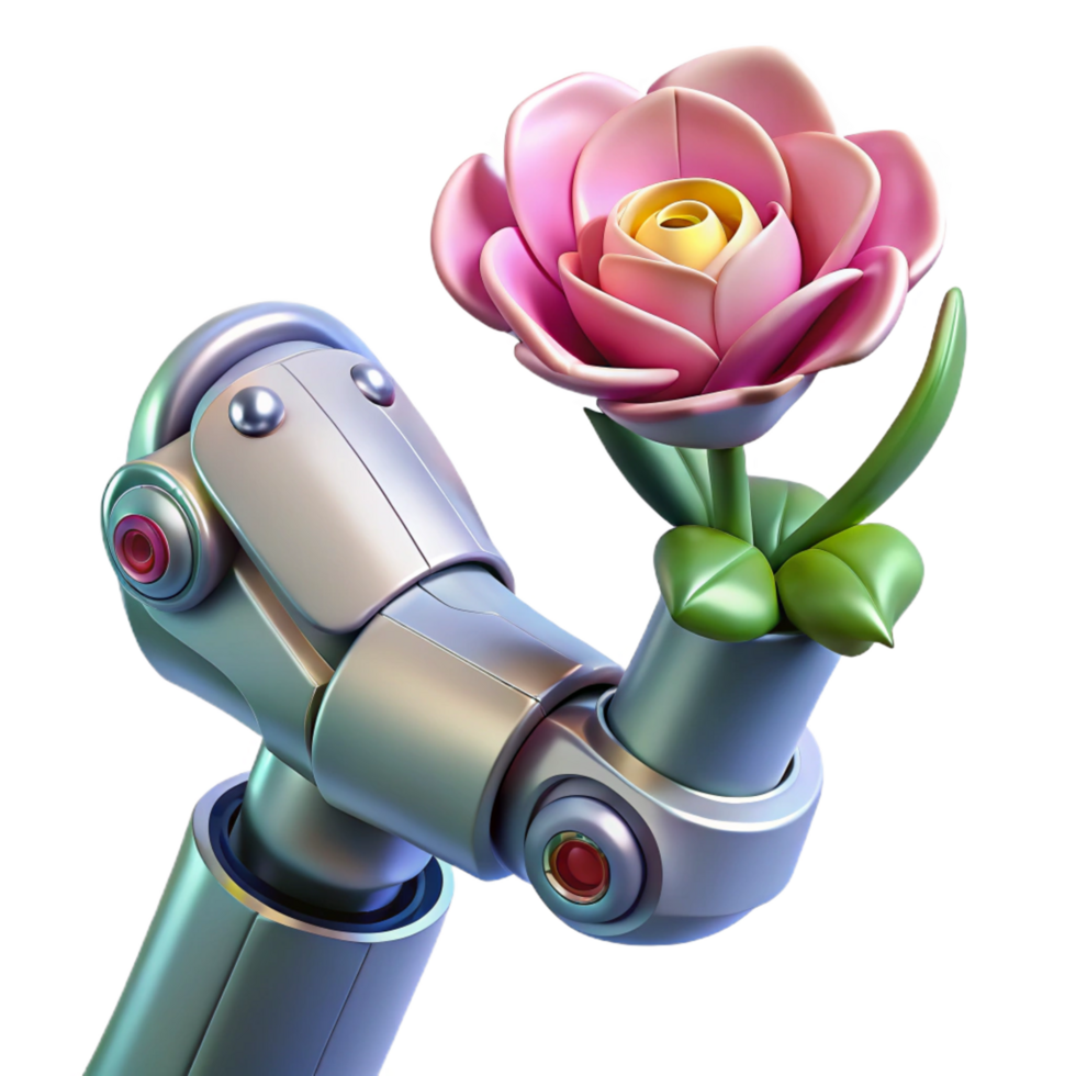 breathtaking acclaimed A close up of a robotic arm holding a delicate flower, contrasting textures, surreal style png