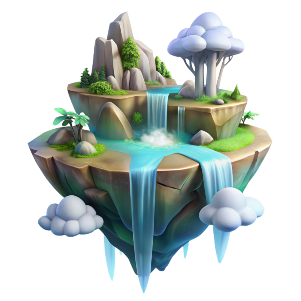 iconic surreal A floating island with waterfalls cascading down the sides, ethereal and magical style, fantasy art render, soft lighting museum quality png