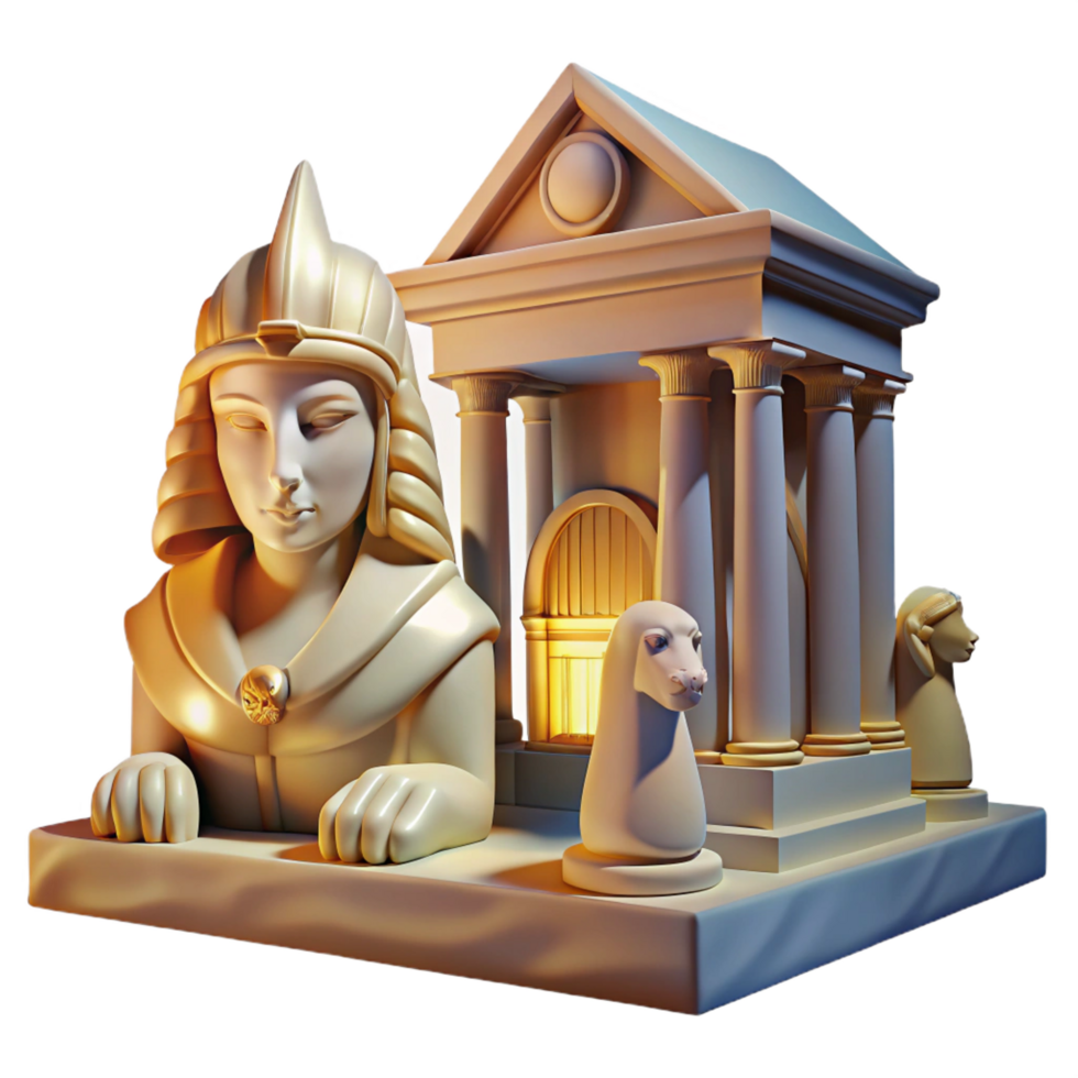 nostalgic fascinating A mysterious sphinx with the head of a woman and the body of a lion, guarding an ancient temple, dramatic lighting museum quality png