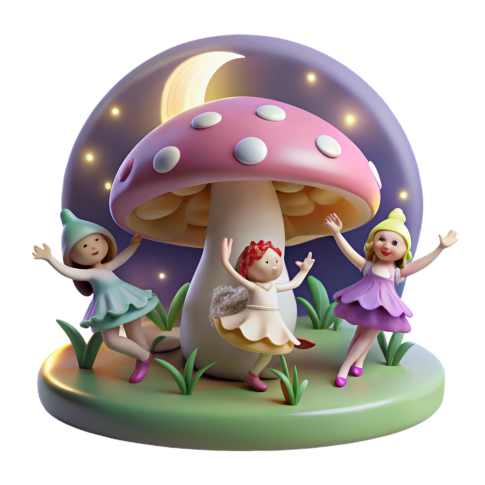 immaculate memorable A group of fairies dancing around a mushroom ring, moonlight, magical and whimsical, children s book illustration style png
