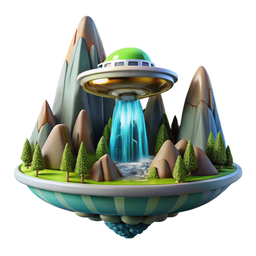 memorable geometric A spaceship landing on a lush, alien planet, waterfalls cascading down towering mountains. Matte painting style. Natural lighting original png