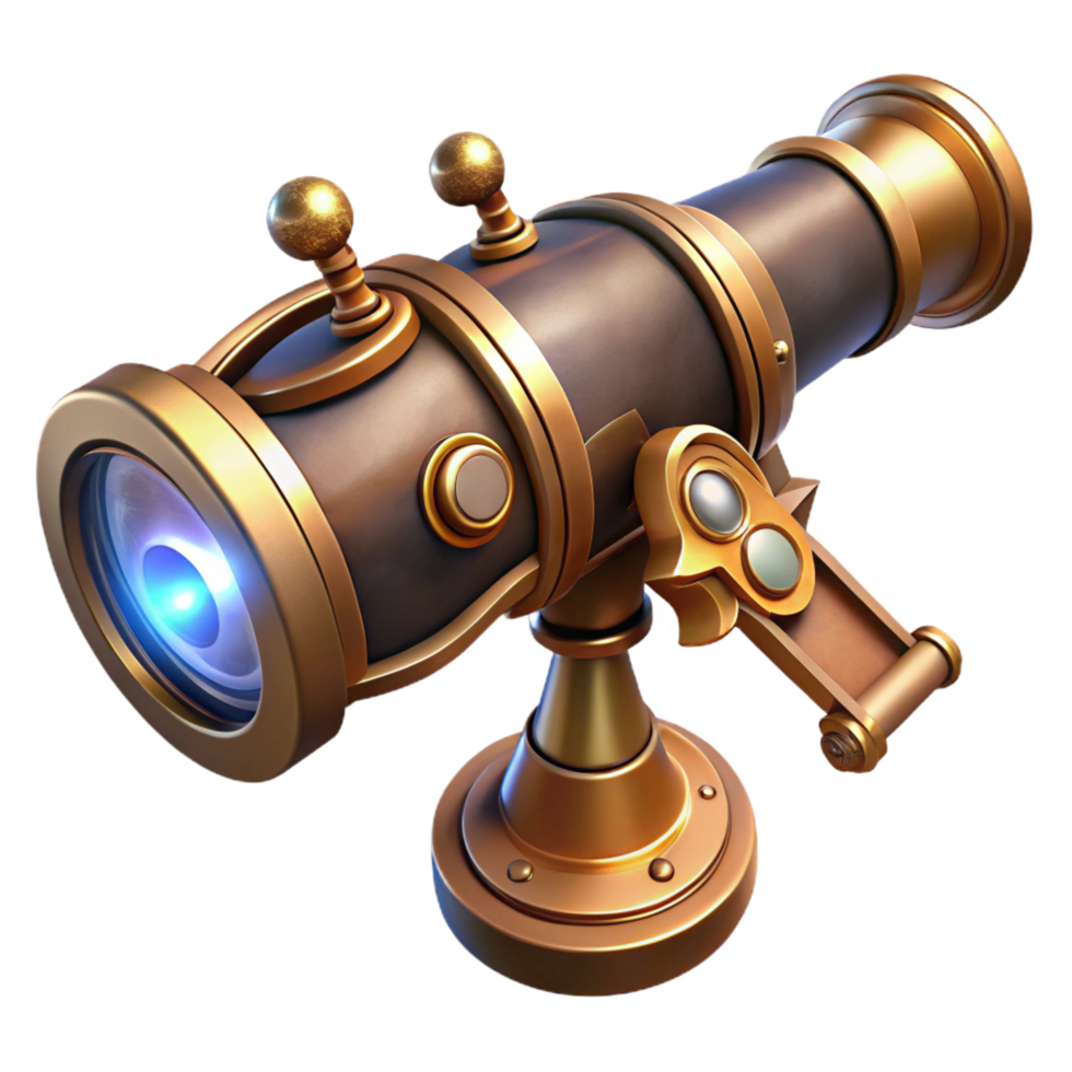 dazzling playful classic A steampunk telescope with intricate brass and copper details, pointed at a celestial object, night sky lighting studio quality png