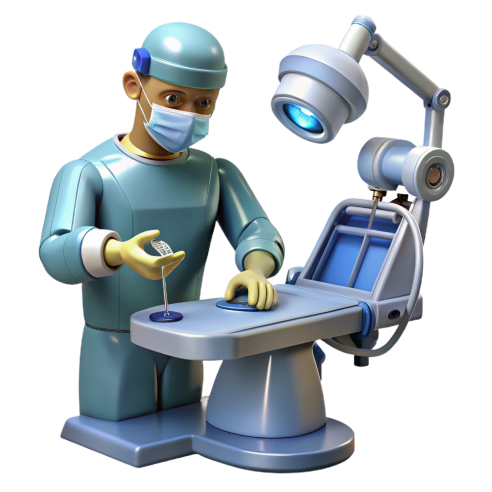 extraordinary notable A robotic surgeon performing a delicate operation, intricate tools and instruments visible, lit by surgical lighting, in a realistic, medical style png