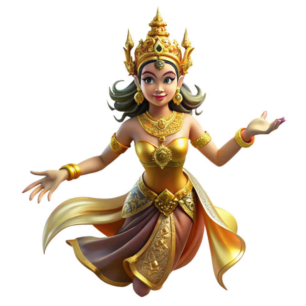 sumptuous exemplary A beautiful Apsara dancing in the clouds, adorned with flowing silks and jewels, illuminated by the golden light of sunrise. Cambodian mythology style png