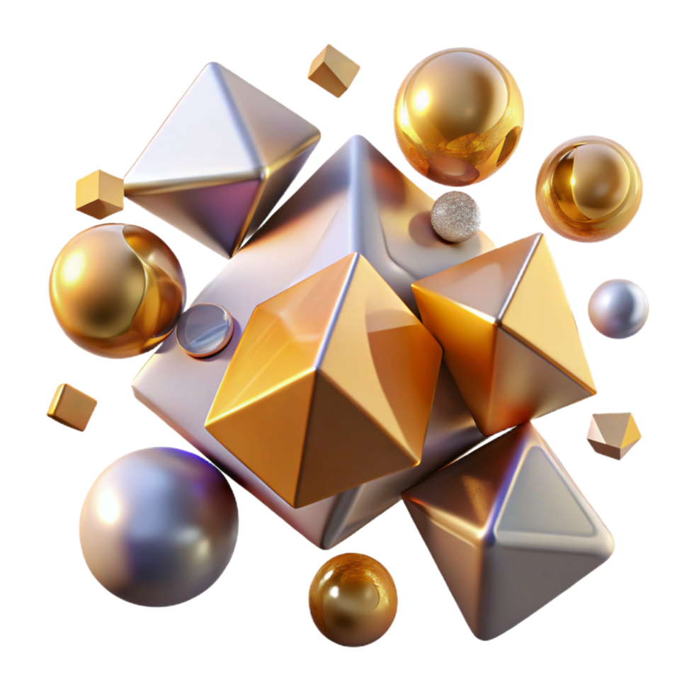 impressive quintessential A field of floating, geometric primitives cubes, spheres, cones with a metallic texture, illuminated by a sharp, directional light source from above png