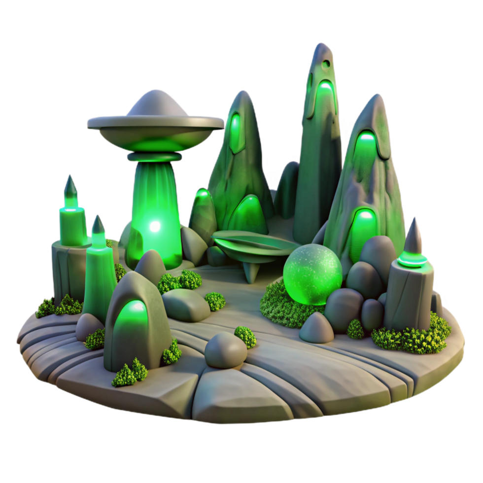 peaceful dazzling A desolate alien landscape with strange rock formations, eerie green lighting, otherworldly atmosphere, science fiction style, detailed png