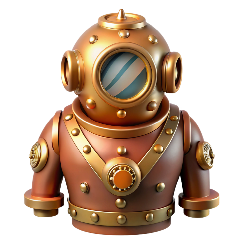 striking bohemian A steampunk diving suit, heavy brass and copper, glowing portholes, underwater lighting, vintage illustration style crisp png