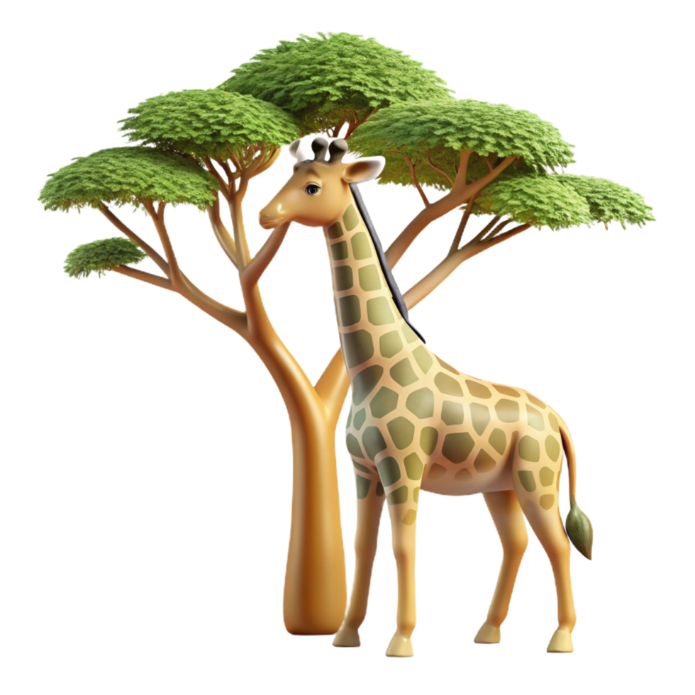 radiant calm baroque A graceful giraffe reaching for leaves on a tall acacia tree, dappled sunlight filtering through the branches, Art Deco style illustration gallery standard png