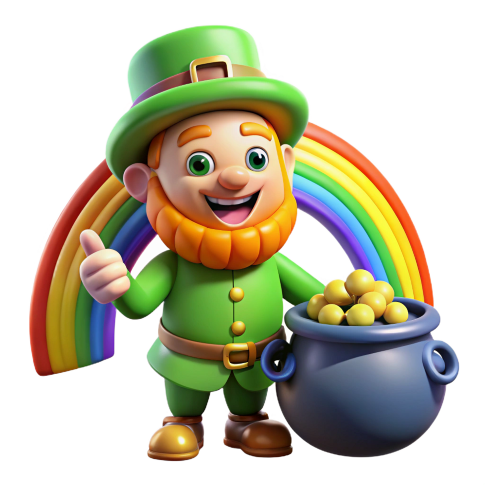 radiant reflective classic A mischievous leprechaun guarding a pot of gold at the end of a rainbow, vibrant colours, cartoon style crisp png
