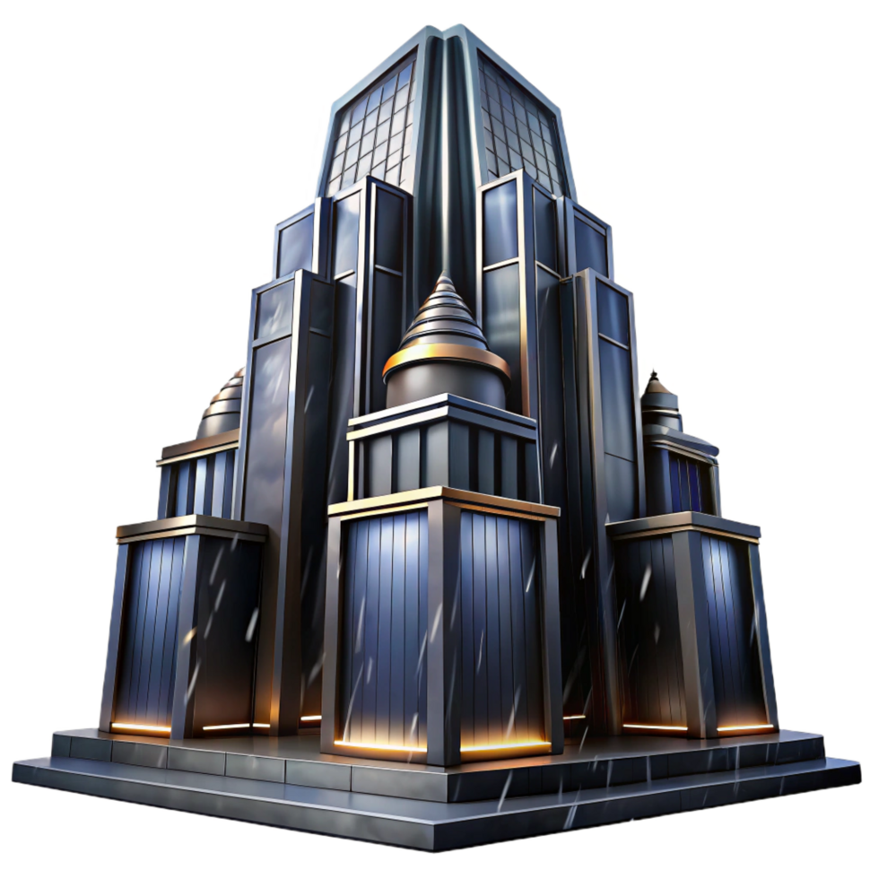 splendid peaceful contemporary Art Deco skyscraper, chrome and black glass, sharp angles, volumetric lighting, rainy night, highly detailed, cinematic, sharp png