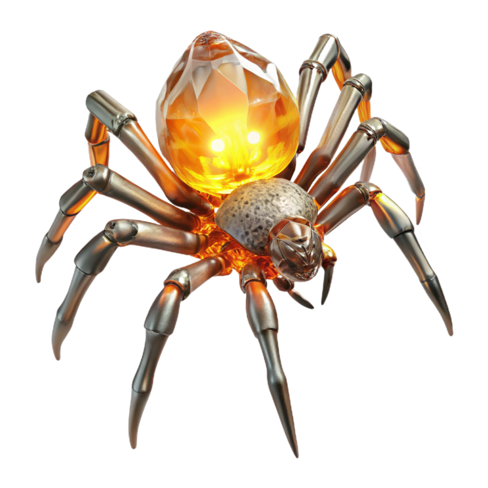 joyful radiant A crystalline spider, with legs made of shimmering quartz and a body of glowing amber, spins a web of starlight in the void of space. Surreal style, ethereal lighting 8K png