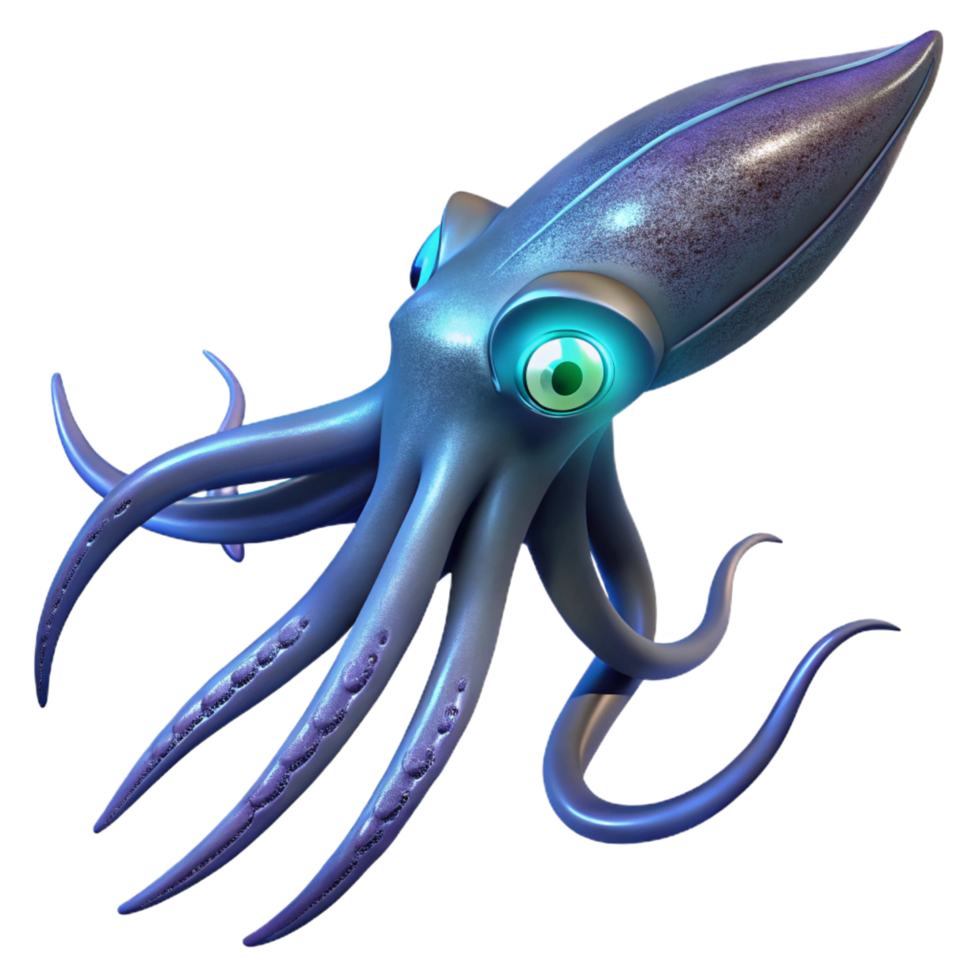 pristine modern A giant squid swimming in the deep ocean, bioluminescent lighting, mysterious and otherworldly style masterfully captured png