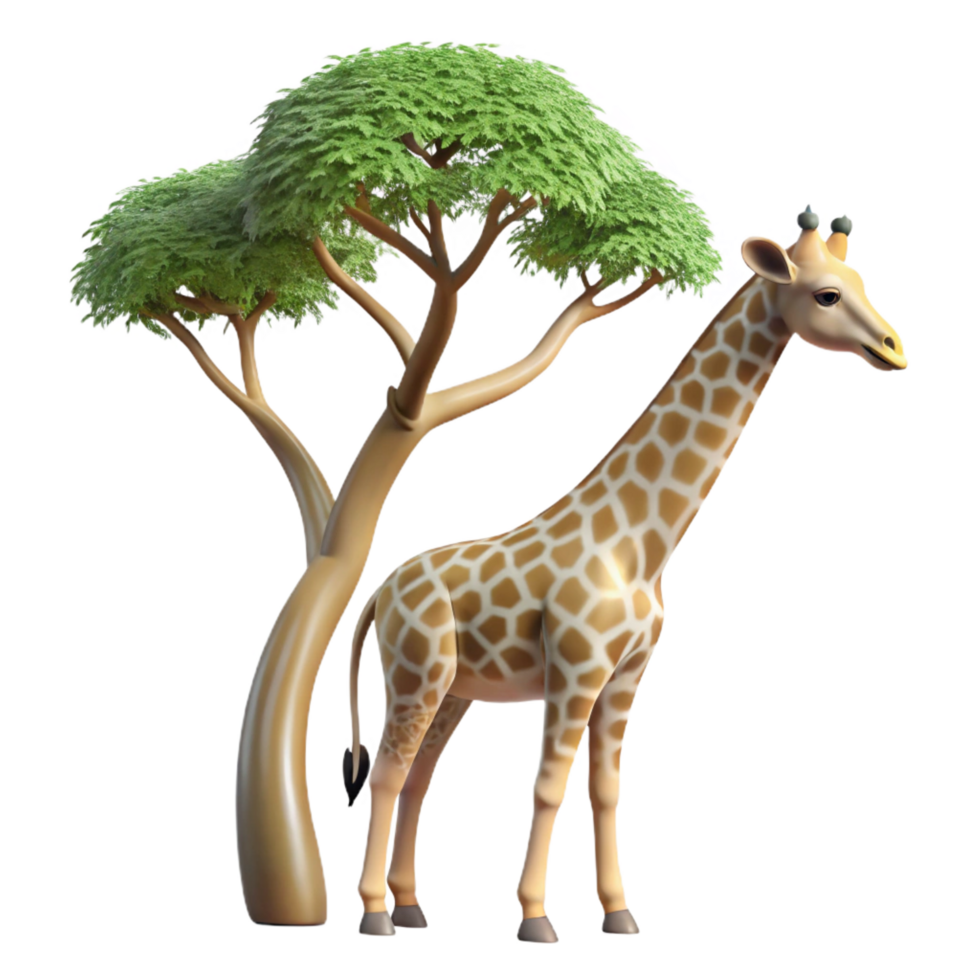 quintessential modern A graceful giraffe reaching for leaves on a tall tree, African savanna background, realistic style museum quality png