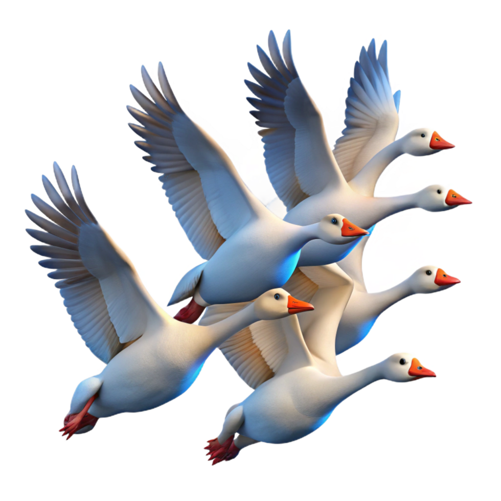 stunning standout A flock of migrating geese flying in a V formation against a clear blue sky, crisp and clear photography style png