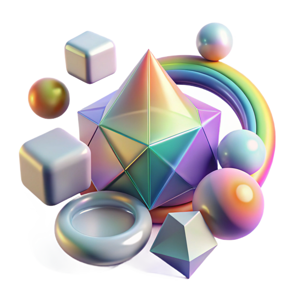 extraordinary iconic A field of floating, geometric primitives, with a translucent material and a rainbow color scheme. Softbox lighting png