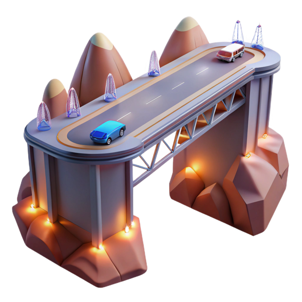 vibrant unparalleled A futuristic bridge spanning a vast canyon, sleek design, glowing lights, flying cars png