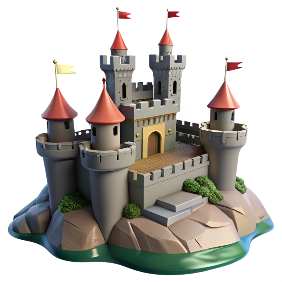 immaculate calm contemporary A medieval castle on a cliff overlooking the sea, dramatic lighting, flags waving in the wind sharp png