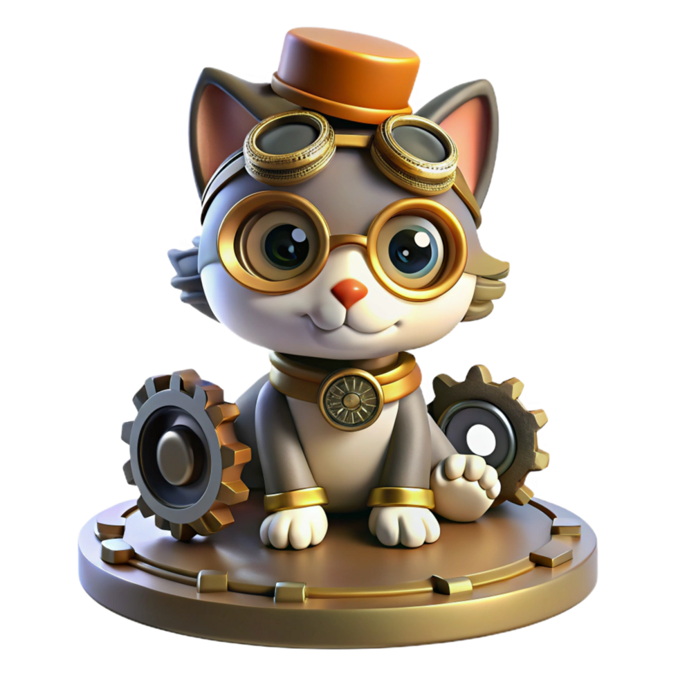 glorious nostalgic geometric A portrait of a steampunk cat, wearing goggles and a tiny top hat, sitting on a pile of gears. Soft, diffused lighting with a playful atmosphere exclusive png