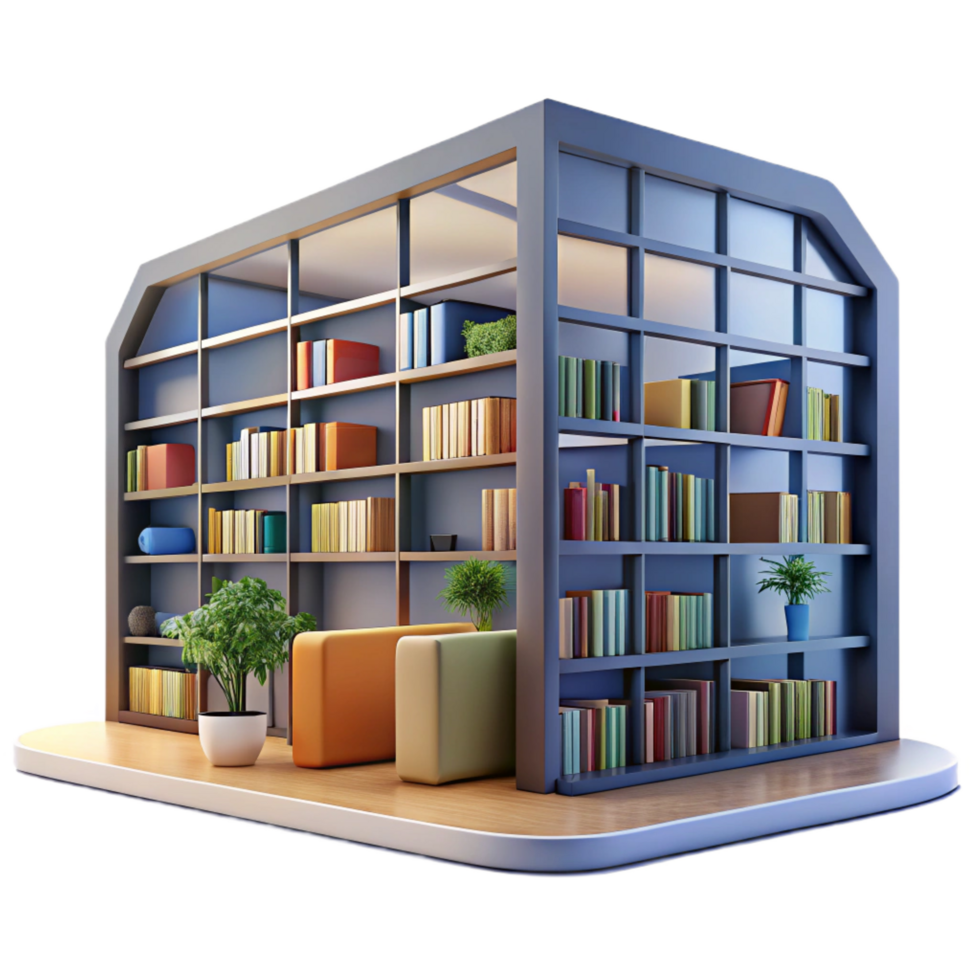 spectacular playful organic A modern library with floor to ceiling windows, bookshelves filled with books, soft natural light museum quality png