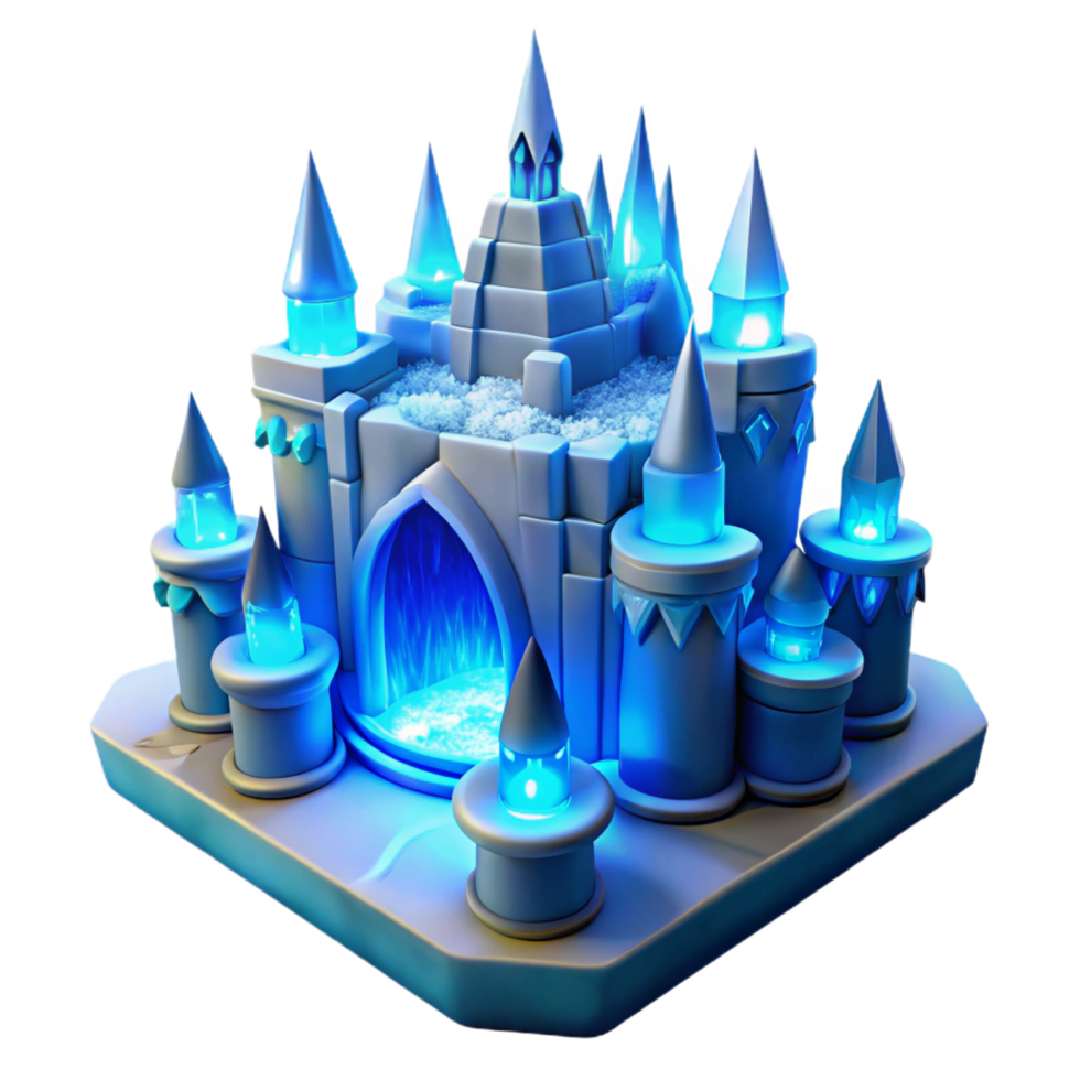 pristine unparalleled An intricate ice castle with glowing blue and white lights, winter wonderland scene png