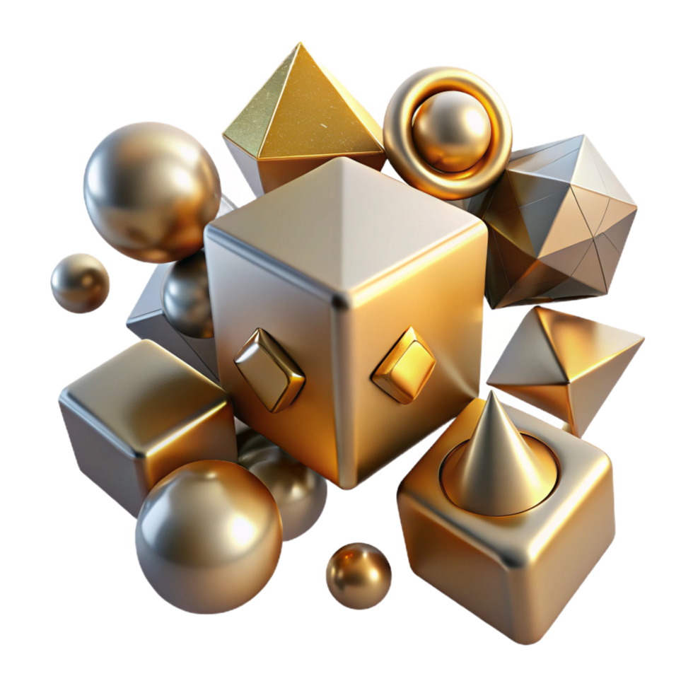 remarkable artistic A field of floating, geometric primitives cubes, spheres, cones with a metallic texture, illuminated by a sharp, directional light source from above perfect clarity png