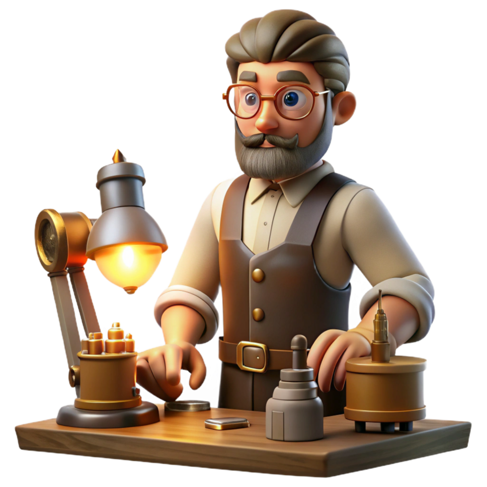 wonderful tranquil classic A portrait of a steampunk inventor in his workshop, surrounded by tools and gadgets, illuminated by the warm glow of a forge and the soft light of a desk lamp sharp png