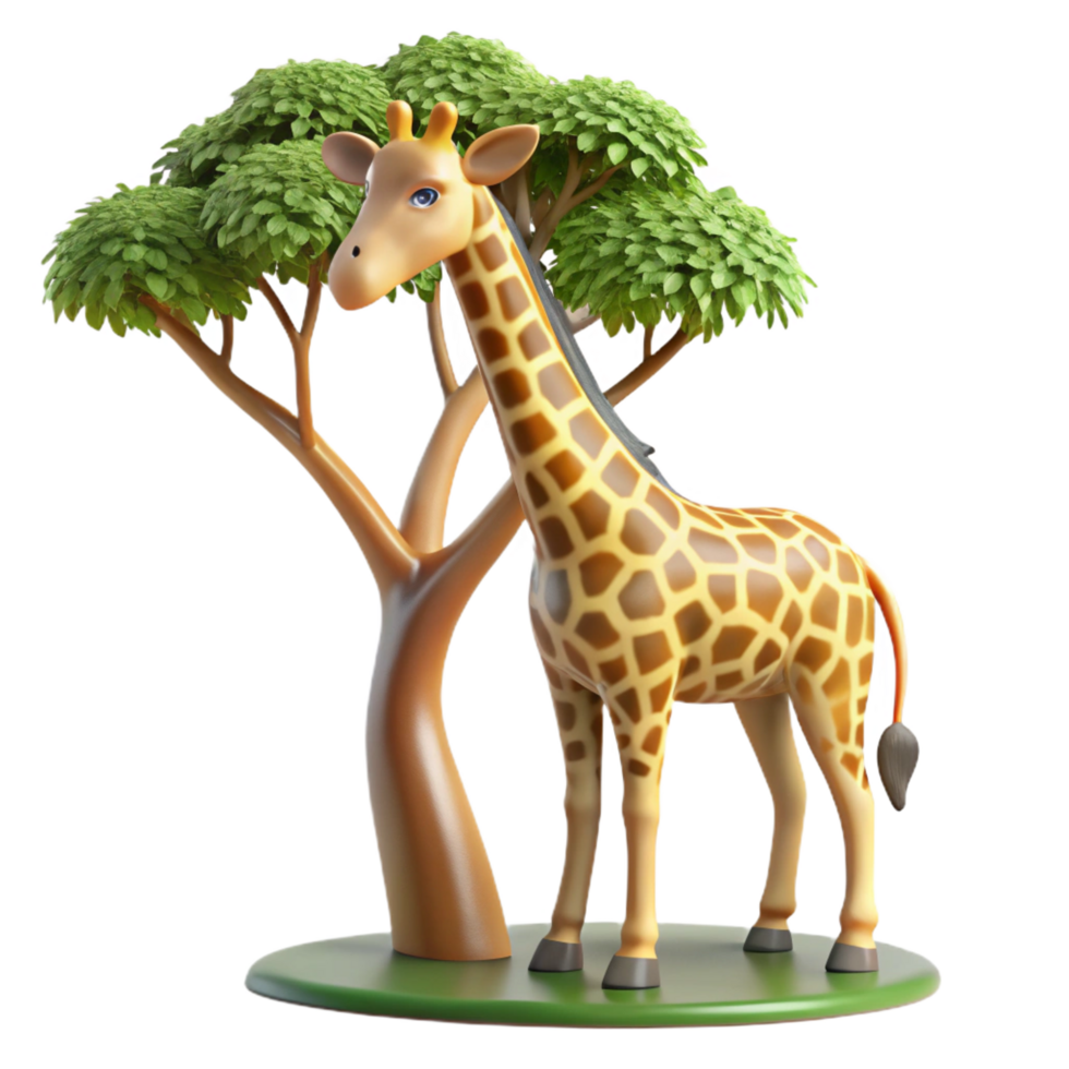 picturesque artistic A graceful giraffe reaching for leaves on a tall tree, warm lighting, African savanna setting studio quality png
