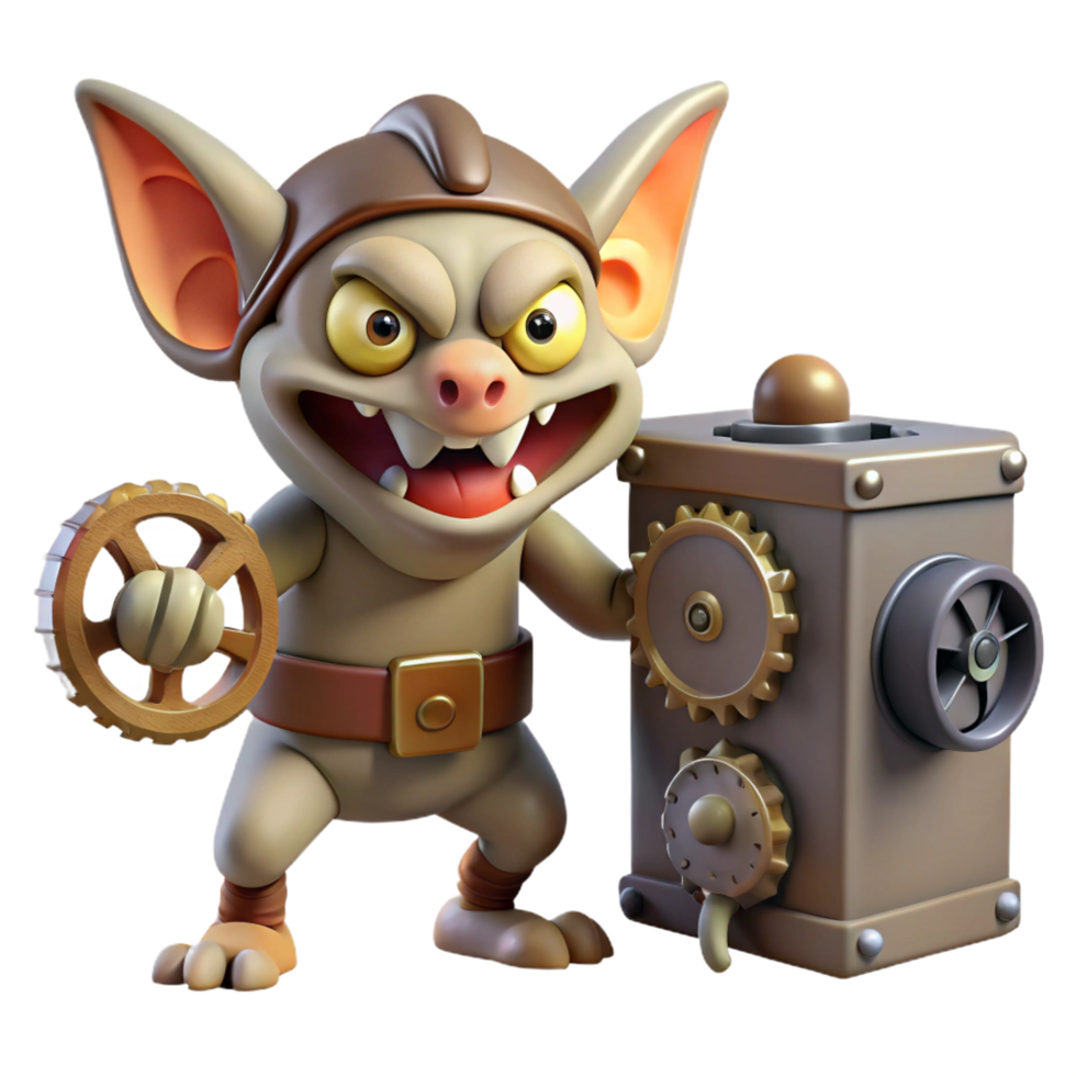 acclaimed classic A mischievous gremlin sabotaging a clockwork machine, dimly lit, playful and destructive, digital art elite png