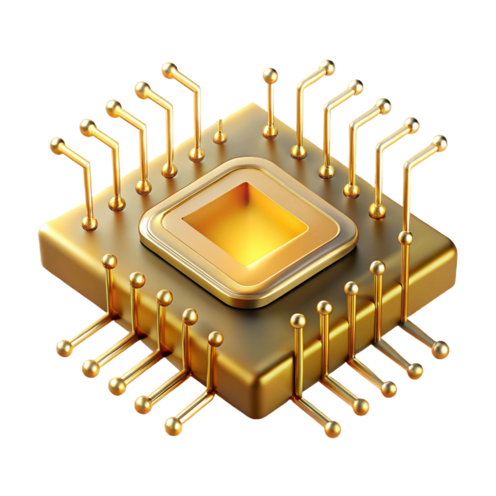 excepcional surreal uma solteiro microchip, ampliado para enorme escala, intrincado caminhos brilhando com dourado luz, visto a partir de uma microscópico perspectiva, rendido dentro uma fotorrealista estilo elite png