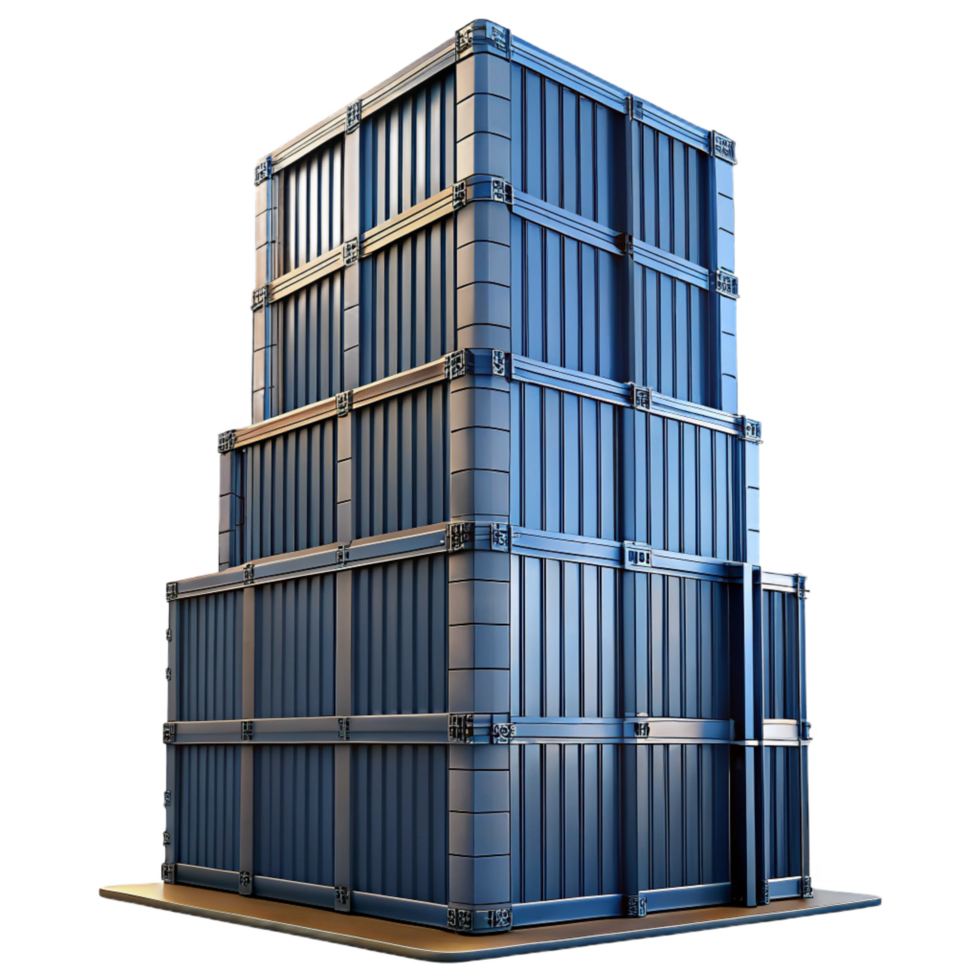 exquisite futuristic A towering skyscraper made of stacked shipping containers, industrial style, gritty realism, overcast lighting, exclusive png