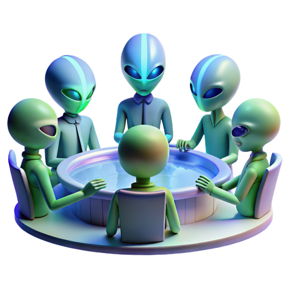 serene dynamic avant garde A group of alien diplomats gathered around a holographic table, discussing galactic politics, dramatic lighting, photorealistic, artisan png
