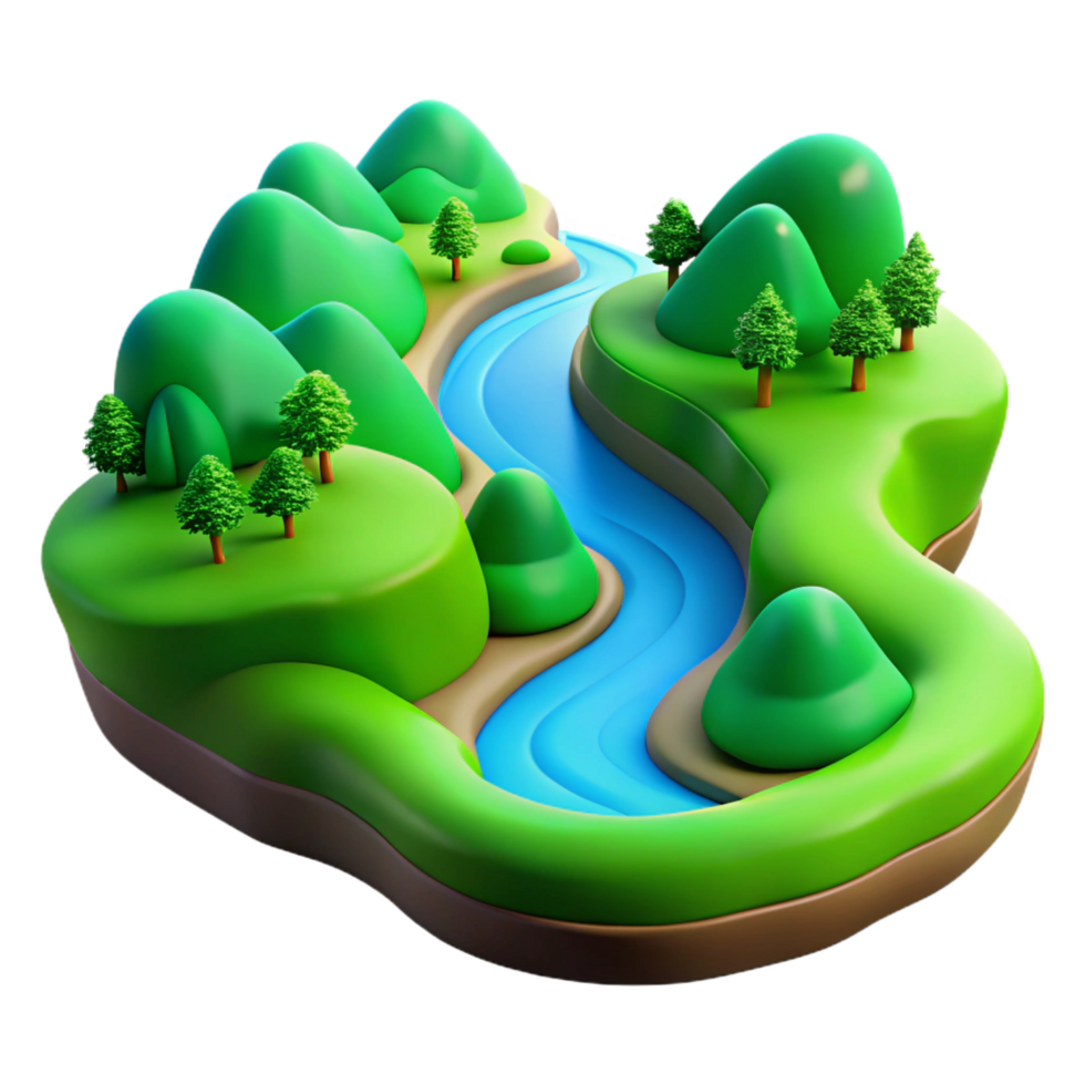 vibrant geometric A winding river through a lush green valley, aerial view, vibrant and colorful style crisp png